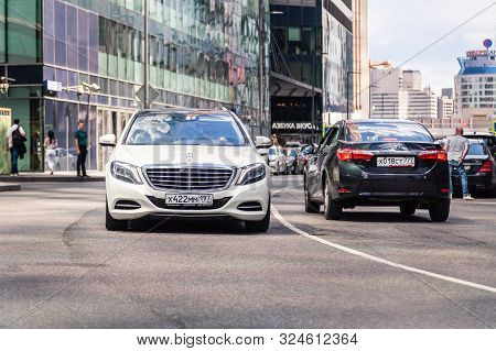 Russia Moscow 2019-06-17 White New Business Mercedes Benz S Class S600 Moving On The Street, Front V