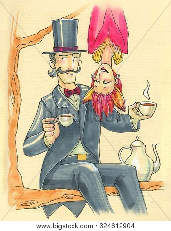 Illustration In Cartoon Style. Crazy Couple In Carnival Costumes Drinks Tea On A Tree. Tomfoolery