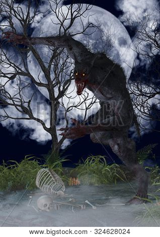 Portrait Of A Fierce And Creepy Werewolf. 3d Illustration.