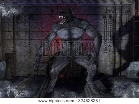 Portrait Of A Fierce And Creepy Werewolf. 3d Illustration.