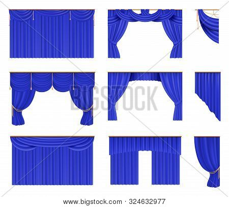 Blue Curtains Set. Realistic Cinema And Theater Stage Borders With Curtaining. Vector Illustration S