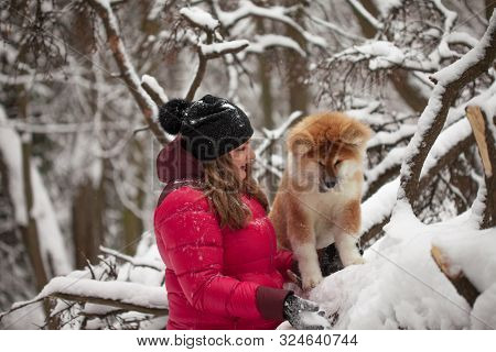 Portrait With A Cute Fluffy Puppy. Winter Walk With A Dog. Young Woman Walks With The Puppy, Snowy W