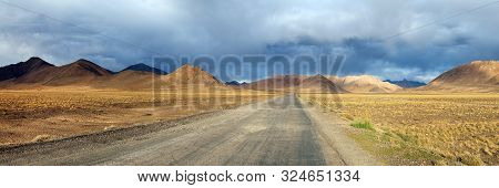 Evening Panoramic View Of Pamir Highway Or Pamirskij Trakt, Road M-41, International Road In Tajikis