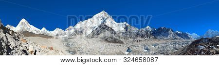 Panoramic View Of Khumbu Glacier Mount Pumori And Lhotse, Kala Patthar Near Gorak Sheep Village, Khu