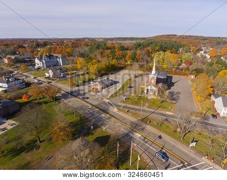 Tewksbury Congregational Church Aerial View In Historic Town Center In Fall, Tewksbury, Massachusett