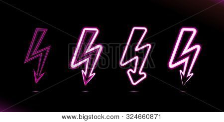 Set Flash Lightnings Pink Glowing Neon Lamp Icon, Sign, Button Light, Power Symbols For Design On Bl