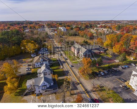 Tewksbury Historic Town Center Aerial View On Main Street In Fall, Tewksbury, Massachusetts, Ma, Usa