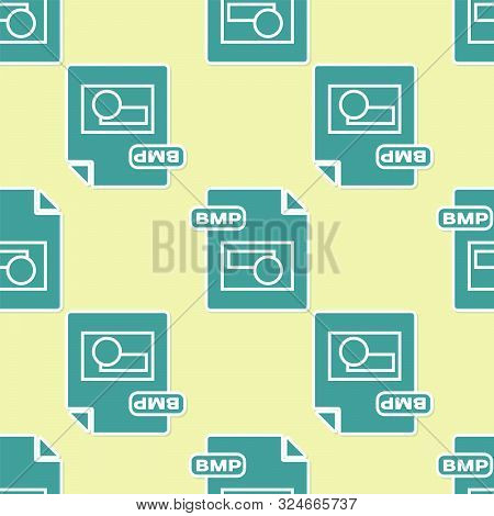 Green Bmp File Document. Download Bmp Button Icon Isolated Seamless Pattern On Yellow Background. Bm