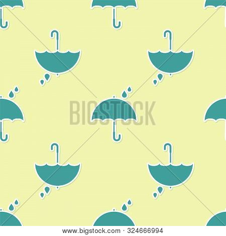 Green Umbrella And Rain Drops Icon Isolated Seamless Pattern On Yellow Background. Waterproof Icon. 