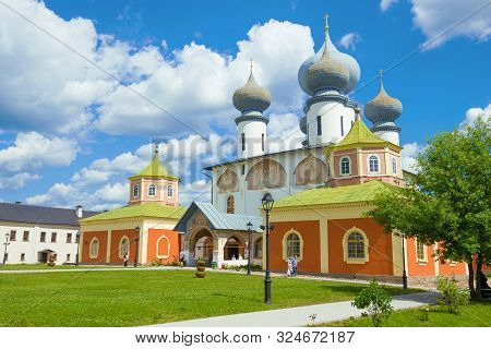 Tikhvin, Russia - July 12, 2018: Ancient Assumption Cathedral On A Sunny July Day. Tikhvinsky Assump