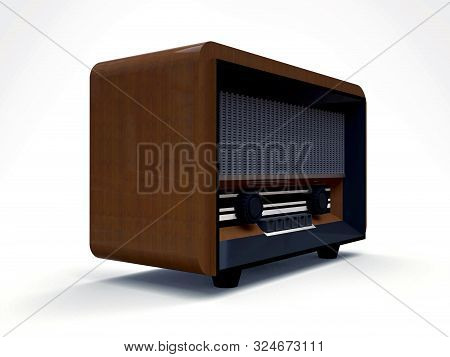 Old Vintage Tube Radio Receiver Made Of Wood And Black Plastic On A White Background. Old Mid-20th C