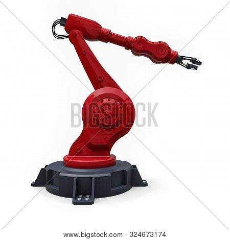 Robotic Red Arm For Any Work In A Factory Or Production. Mechatronic Equipment For Complex Tasks. 3d