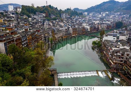 Peaceful Aerial View Of Fenghuang Ancient Town In China