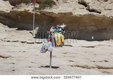 Malta, May 2019: Full Trash Or Litter Bin With Pet Bottle, Beer Can And Organic Waste Visibile Showi