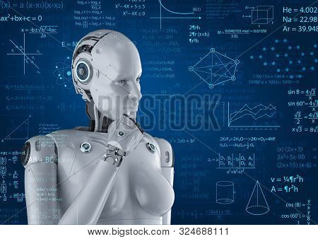 Machine Learning Concept With 3d Rendering Female Cyborg Solve Math Problem