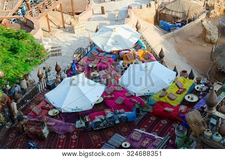 Sharm El Sheikh, Egypt - September 19, 2019: Unidentified People Are Relaxing In Popular Farsha Cafe