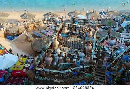 Sharm El Sheikh, Egypt - September 19, 2019: Beautiful Top View Of Popular Farsha Cafe On Shore Of R