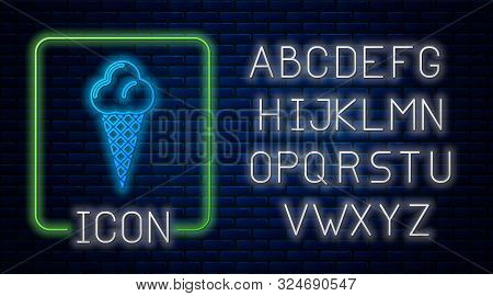 Glowing Neon Ice Cream In Waffle Cone Icon Isolated On Brick Wall Background. Sweet Symbol. Neon Lig