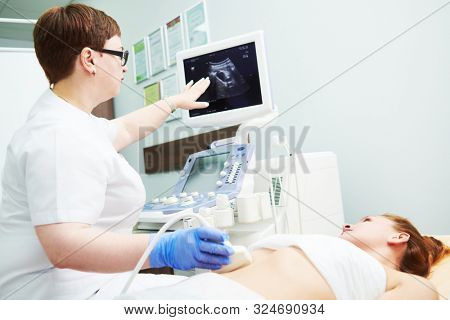 ultrasound scan. Examining stomach of female patient