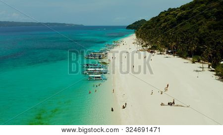 Sandy Tropical Beach With Tourists And Blue Clear Sea. Summer And Travel Vacation Concept. Boracay, 
