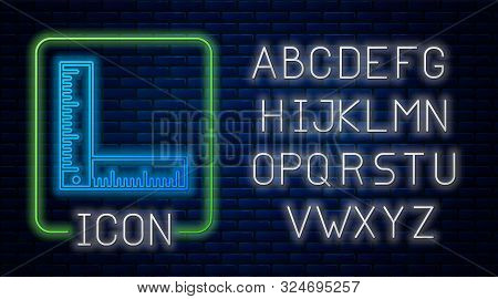 Glowing Neon Folding Ruler Icon Isolated On Brick Wall Background. Neon Light Alphabet. Vector Illus