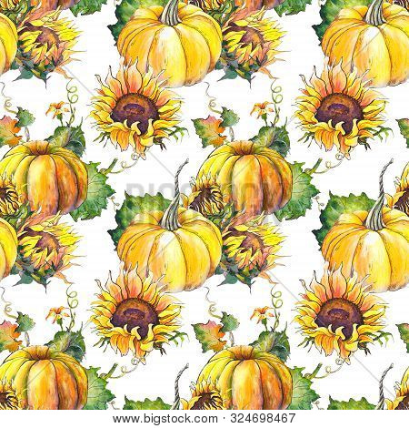 Seamless Pattern With Pumpkins, Sunflowers And Leaves. Watercolor Illustration On White Background.