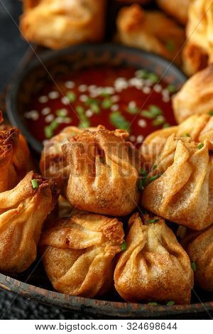 Chinese Takeaway Finger Food Vegetable Wontons With Sweet Chilli Dip Sauce