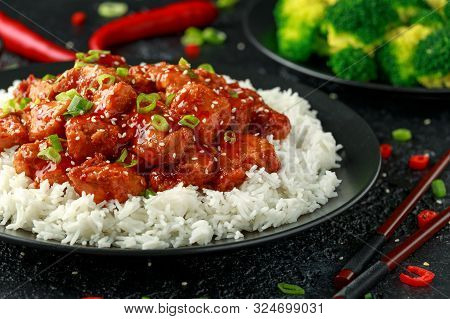 Tsos Chicken With Rice, Green Onion And Broccoli