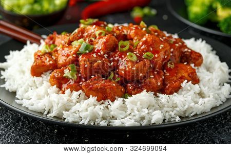 Tsos Chicken With Rice, Green Onion And Broccoli
