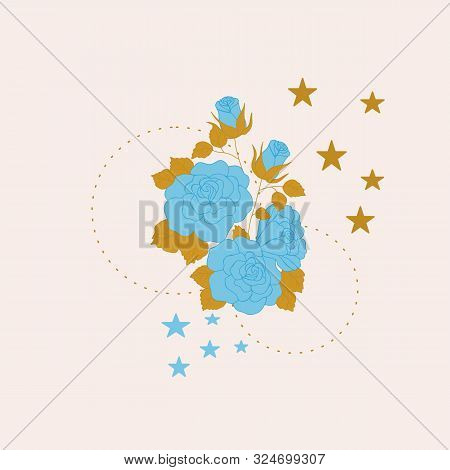Gold And Blue Stars And Rose  Omposition In An Elegant Illustration
