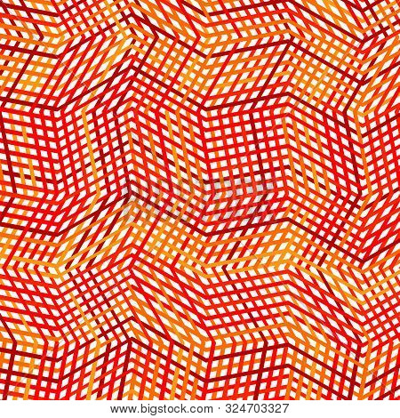 Intersected, Interweaved Irregular Lines, Stripes Orange, Yellow Grid Pattern. Interlocking, Weaved