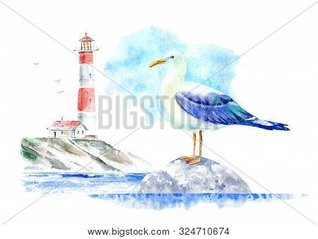Landscape Of A Lighthouse And Seagull On A Stone.marine Picture.watercolor Hand Drawn Illustration.w