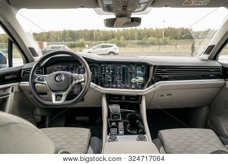 Minsk, Belarus - September 20, 2019: Volkswagen Touareg Third Generation 2019 Interior Dashboard Vie