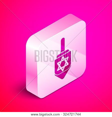 Isometric Hanukkah Dreidel Icon Isolated On Pink Background. Silver Square Button. Vector Illustrati