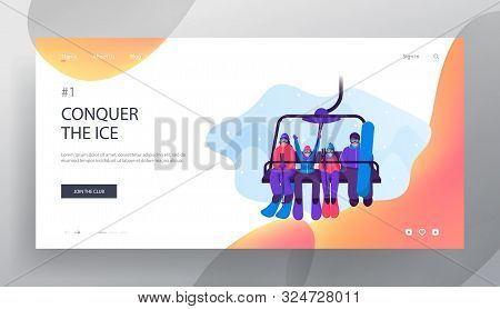 Parents And Kids Go Up Hill On Mountain Funicular Website Landing Page. Happy Family With Skiing And