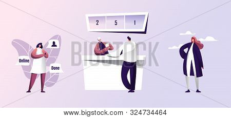 Male And Female Business Characters Set. Woman Using Smartphone For Making Online Deal. Man Stand At