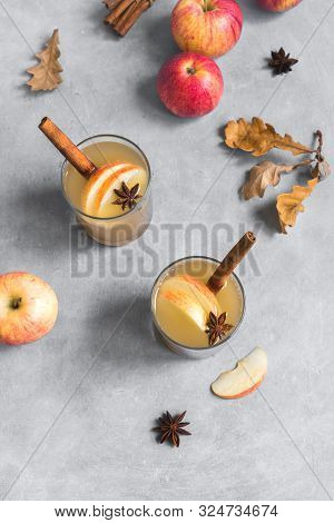 Spicy Apple Cider Drink. Seasonal Autumnal Homemade Apple Cider, Top View, Copy Space.