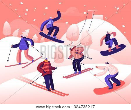 Happy People Riding Snowboard And Skis By Snow Slopes. Winter Time Season Holidays. Sportswomen Havi
