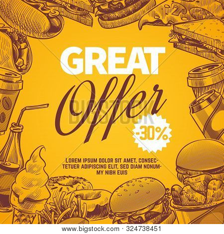 Fast Food Sketch. Hot Dog, Ice Cream And Cola, Coffee And Hamburger, Donuts And Fries Vector Hand Dr