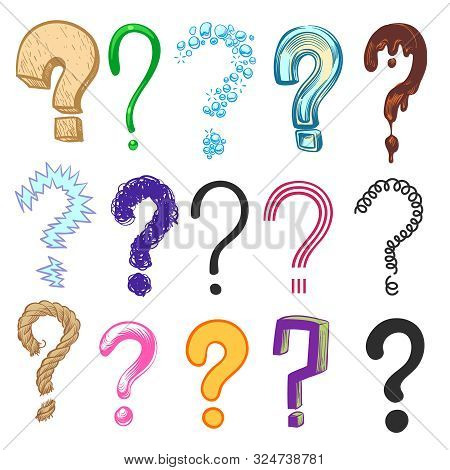 Question Marks. Hand Drawn Color Interrogation Icons, Sketch Ask Question Symbols. Doodle Vector Iso