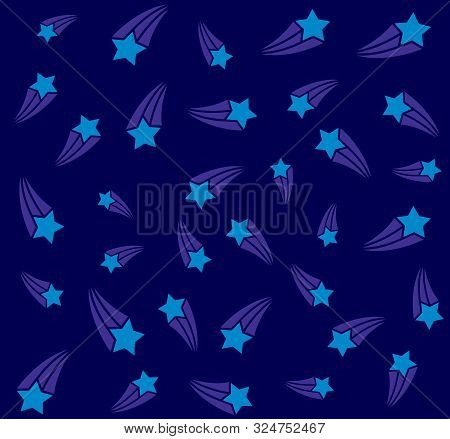 Shooting Stars Night Seamless Pattern Background. Light Blue Stars On A Dark Blue Back. Pajamas Deco