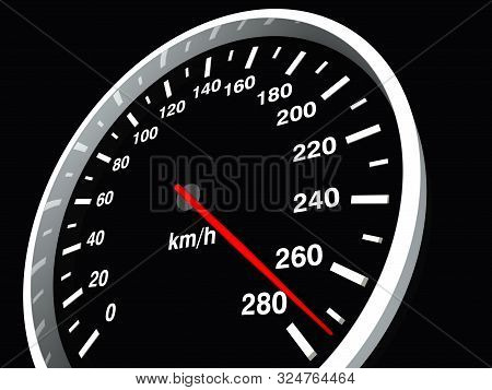 Speed Meter. Speedometer With A Red Arrow Indicating Speed. 3d Illustration