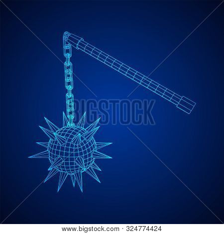 Medieval Chained Mace Ball. Wireframe Low Poly Mesh Vector Illustration.