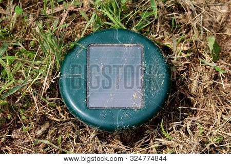 Green Solar Powered Mole Repeller Used In Local Urban Garden To Repel Moles And Snakes Surrounded Wi