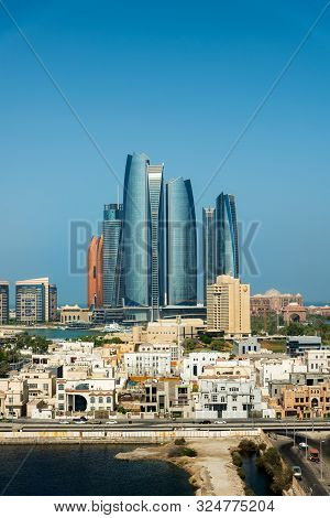 Abu Dhabi, United Arab Emirates - September 19, 2019: Abu Dhabi Skyline View Of The Downtown Modern 