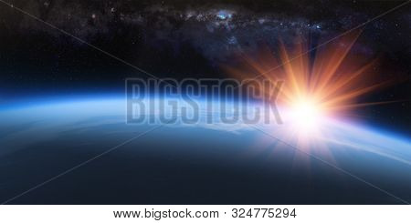 Space sunrise over horizon, Earth spectacular sunset 3D Render. Some textures for rendering this image furnished by NASA