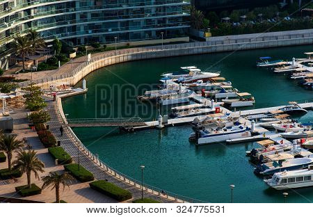 Abu Dhabi, United Arab Emirates - September 29, 2019: Al Marasy Marina View With Luxury Yachts In Ab