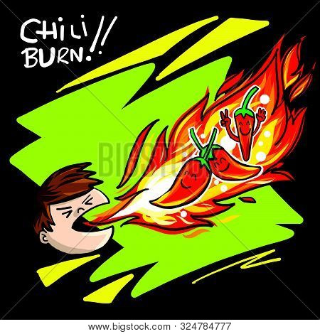 Free Hand Draw Of A Blond Hair Cartoon Man Spread Fire Flame By Hot And Spicy Chili On Black Backgro
