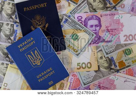 Dual Citizens Us Passport And Ukrainian Biometric Passpor Of Us Dollar Money And Ukrainian Money Hry