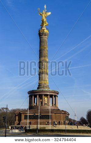 Berlin, Germany - February 17, 2019: The Victory Column With Iits Viewing Platform, A Base Of Polish